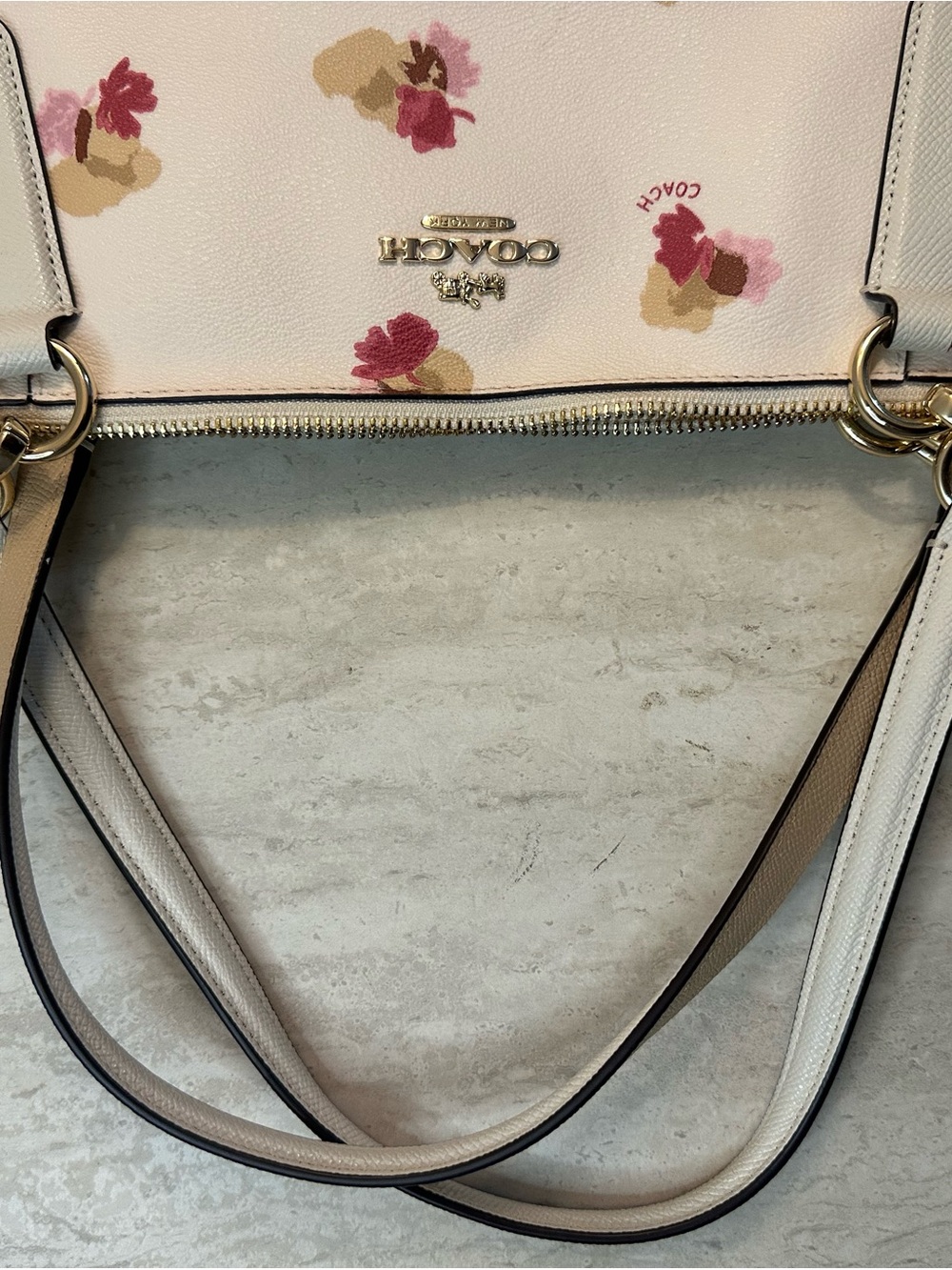 Coach White Floral Print Leather Tote with Pink and Tan Accents - Picture 10 of 12